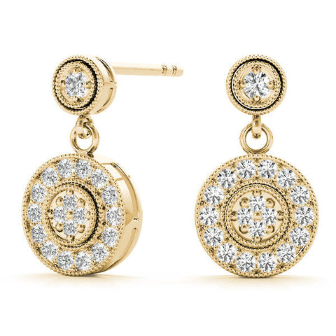 Yellow gold Round Halo Diamond Drop Earrings with Milgrain Bezel Setting