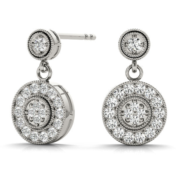 White gold Round Halo Diamond Drop Earrings with Milgrain Bezel Setting