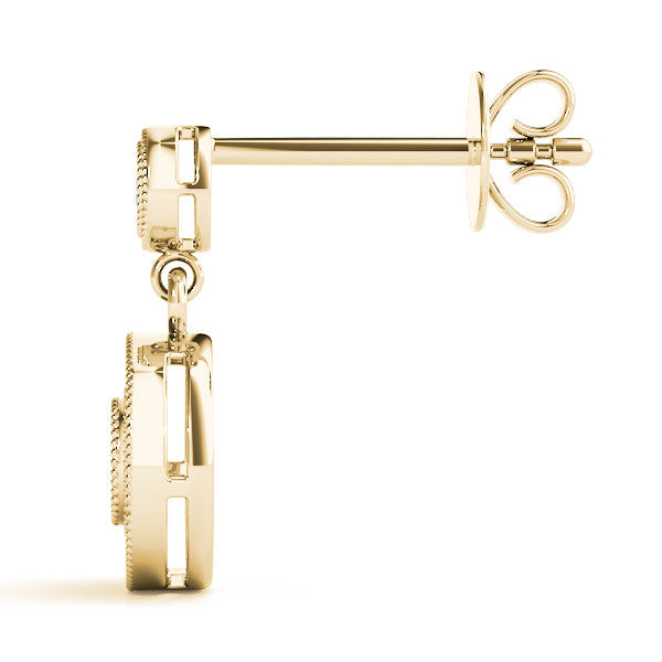 Yellow gold Round Halo Diamond Drop Earrings with Milgrain Bezel Setting