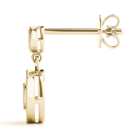 Yellow gold Round Halo Diamond Drop Earrings with Milgrain Bezel Setting