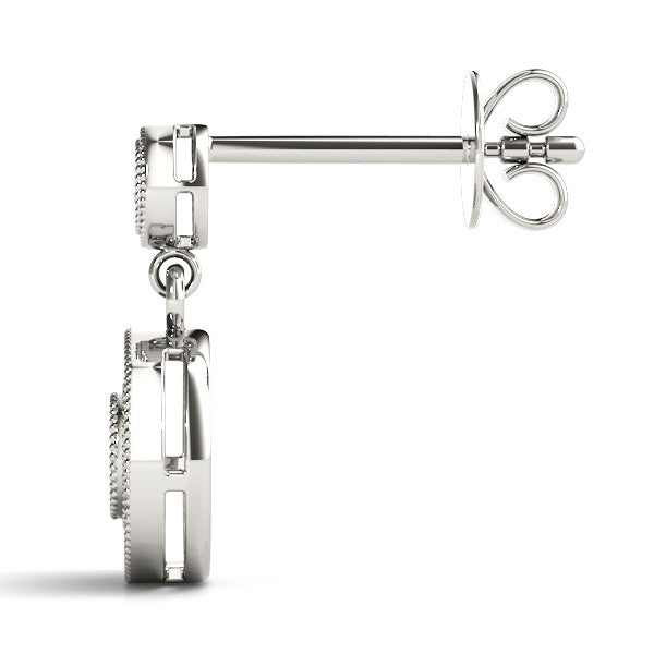 White gold Round Halo Diamond Drop Earrings with Milgrain Bezel Setting