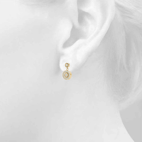Yellow gold Round Halo Diamond Drop Earrings with Milgrain Bezel Setting