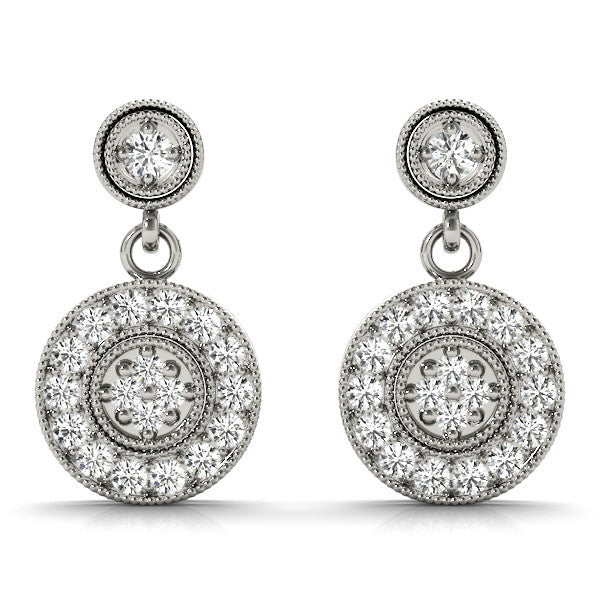 White gold Round Halo Diamond Drop Earrings with Milgrain Bezel Setting