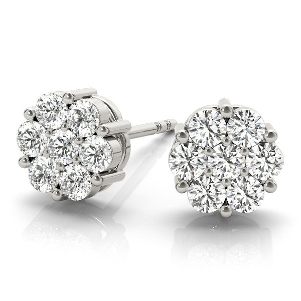 White gold Cluster Round Diamond Stud Earrings with Prong Setting