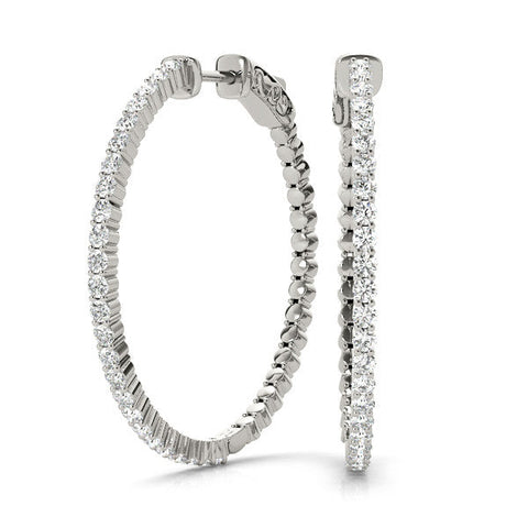 White gold Round Diamond Hoop Earrings with Pave Setting and Shared Prong