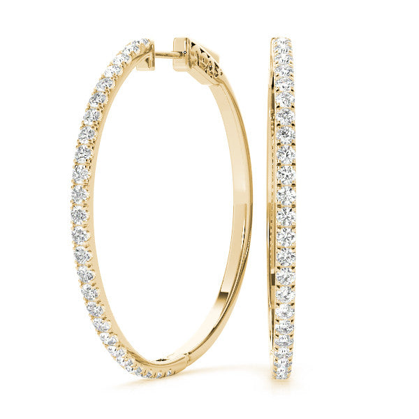 Yellow gold Pavé Round Diamond Hoop Earrings with Hinged Snap Closure