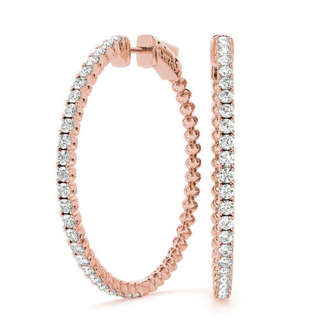 Rose gold Round Cut Diamond Hoop Earrings with Pavé Setting and Prong Set Stones