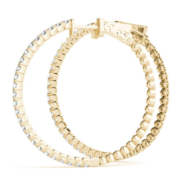 Yellow gold Round Cut Diamond Hoop Earrings with Pavé Setting and Prong Set Stones