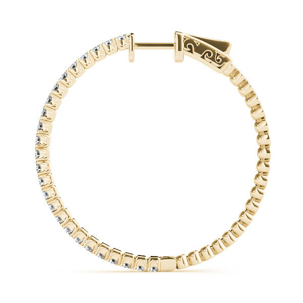 Yellow gold Round Cut Diamond Hoop Earrings with Pavé Setting and Prong Set Stones