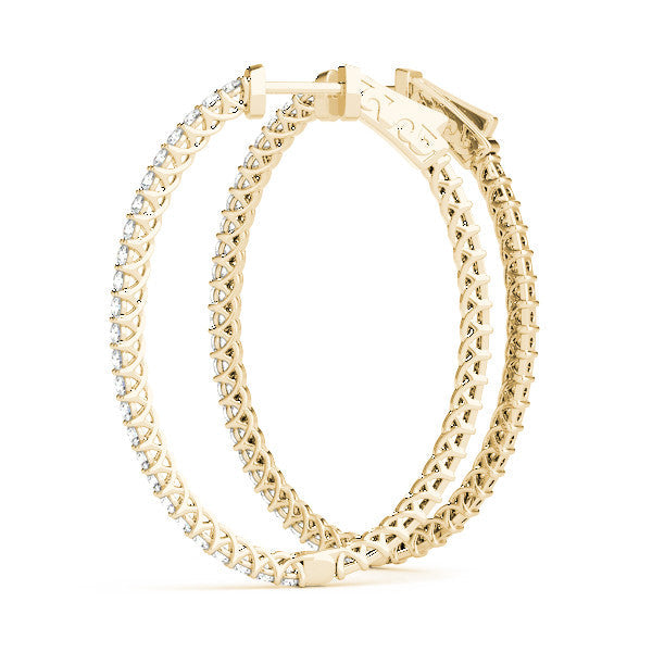Yellow gold Round Cut Pave Diamond Hoop Earrings with Prong Setting