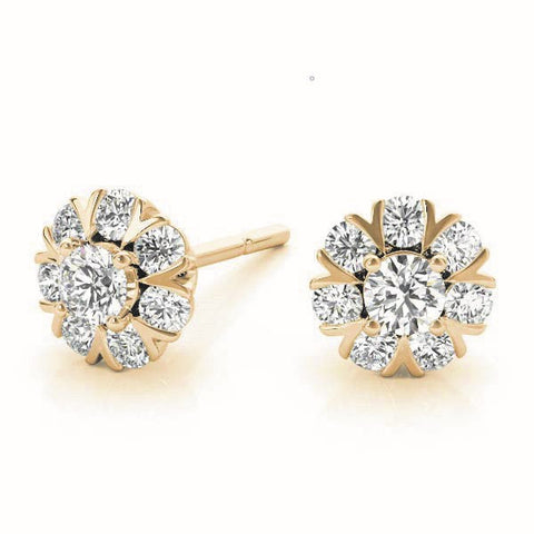 Yellow gold Round Cluster Diamond Stud Earrings with Prong Setting