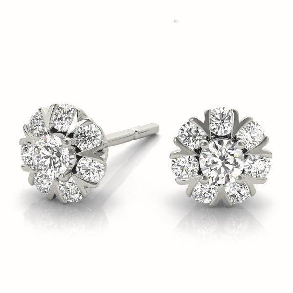 White gold Round Cluster Diamond Stud Earrings with Prong Setting