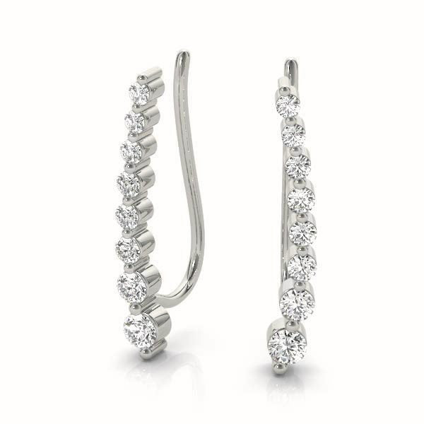 White gold Round Diamond Climber Earrings with Prong Setting on Curved Band