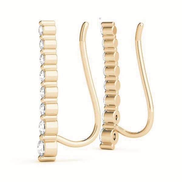 Yellow gold Round Diamond Climber Earrings with Prong Setting on Curved Band