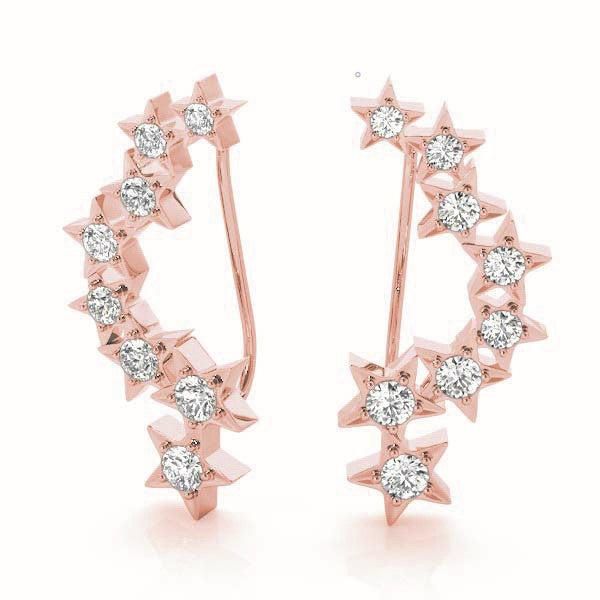 Rose gold Star Cluster Diamond Crescent Earrings with Round Cut Stones on a Curved Band and Prong Setting