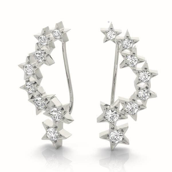 White gold Star Cluster Diamond Crescent Earrings with Round Cut Stones on a Curved Band and Prong Setting