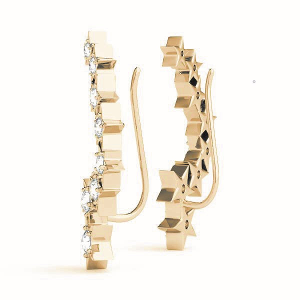 Yellow gold Star Cluster Diamond Crescent Earrings with Round Cut Stones on a Curved Band and Prong Setting
