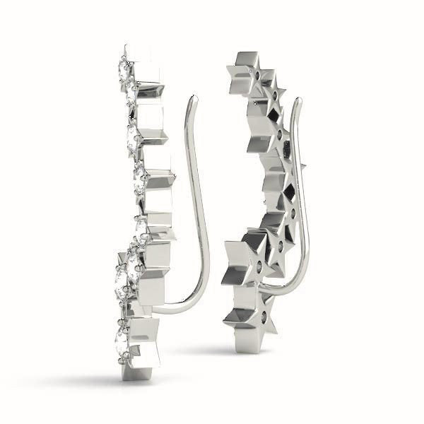 White gold Star Cluster Diamond Crescent Earrings with Round Cut Stones on a Curved Band and Prong Setting