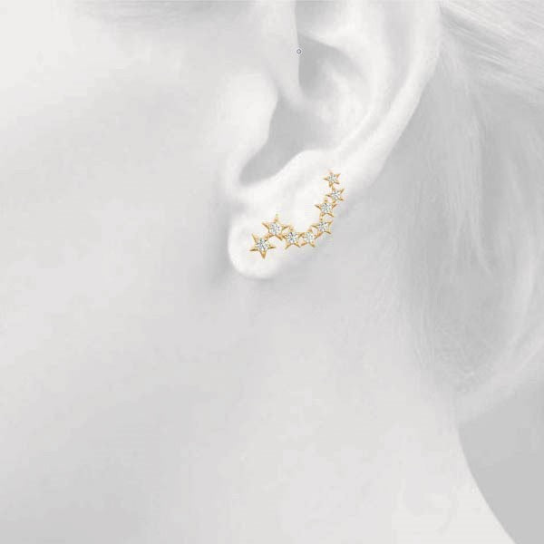 Yellow gold Star Cluster Diamond Crescent Earrings with Round Cut Stones on a Curved Band and Prong Setting