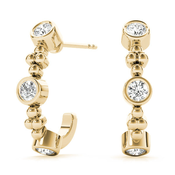 Yellow gold Bezel Set Round Diamond Beaded Hoop Earrings