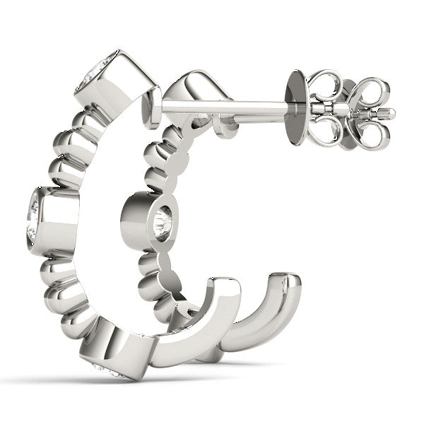 White gold Bezel Set Round Diamond Beaded Hoop Earrings