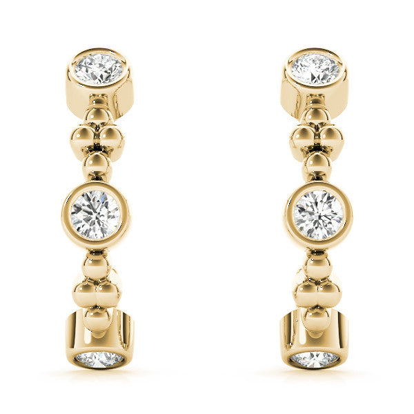 Yellow gold Bezel Set Round Diamond Beaded Hoop Earrings