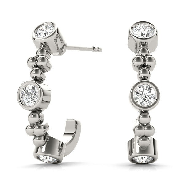 White gold Bezel Set Round Diamond Beaded Hoop Earrings