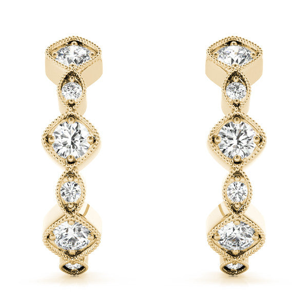 Yellow gold Milgrain Cushion and Marquise Diamond Hoop Earrings