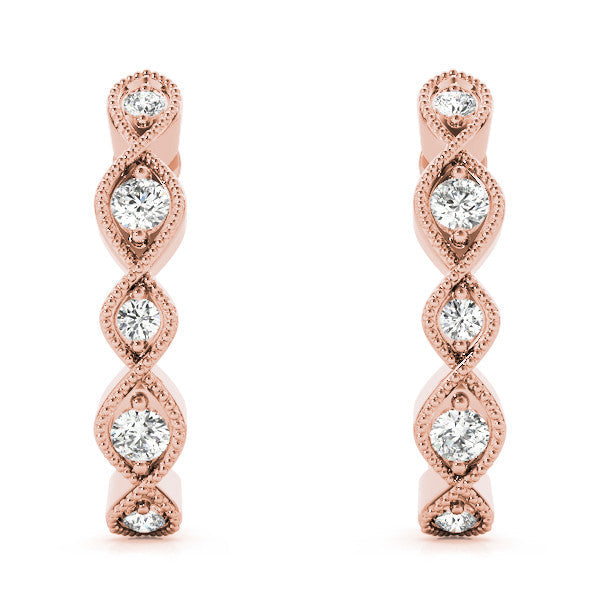 Rose gold Milgrain Marquise Diamond Hoop Earrings with Bezel Setting