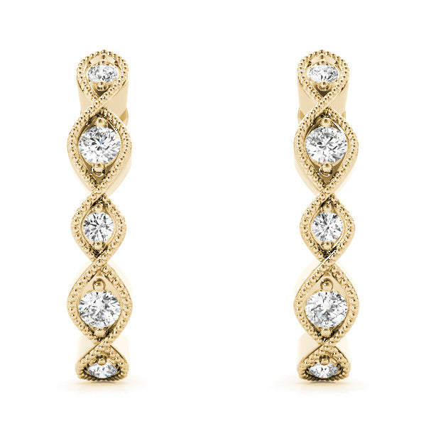 Yellow gold Milgrain Marquise Diamond Hoop Earrings with Bezel Setting