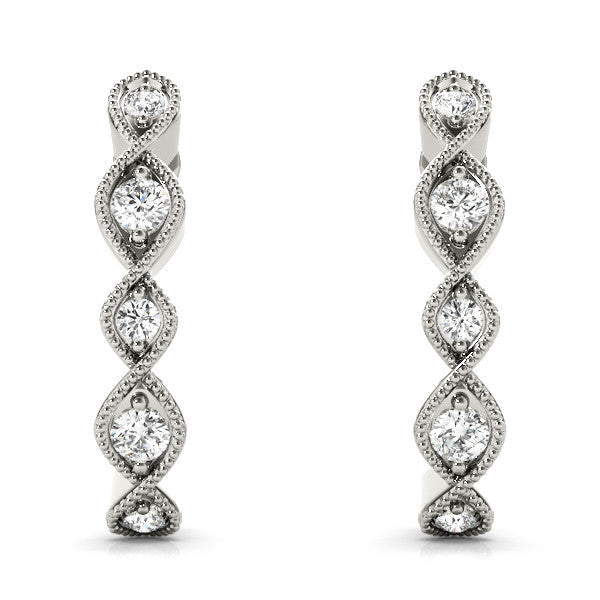 White gold Milgrain Marquise Diamond Hoop Earrings with Bezel Setting