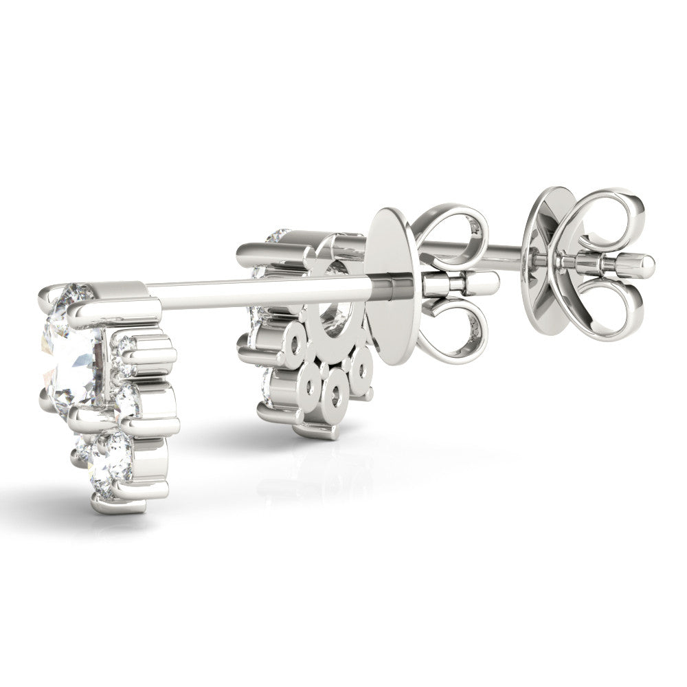 White gold Cluster Round Diamond Stud Earrings with White Gold Band and Four-Prong Setting