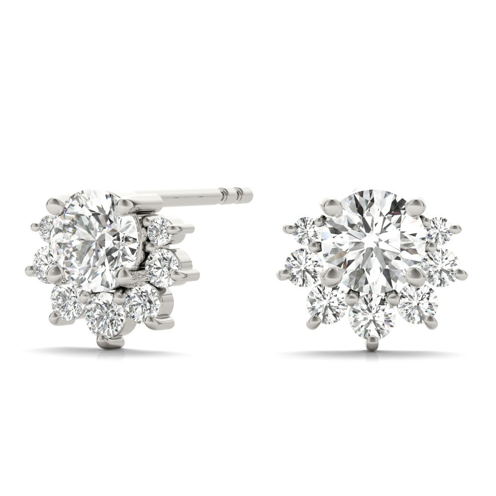 White gold Cluster Round Diamond Stud Earrings with White Gold Band and Four-Prong Setting