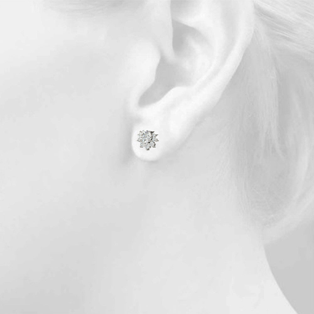 White gold Cluster Round Diamond Stud Earrings with White Gold Band and Four-Prong Setting