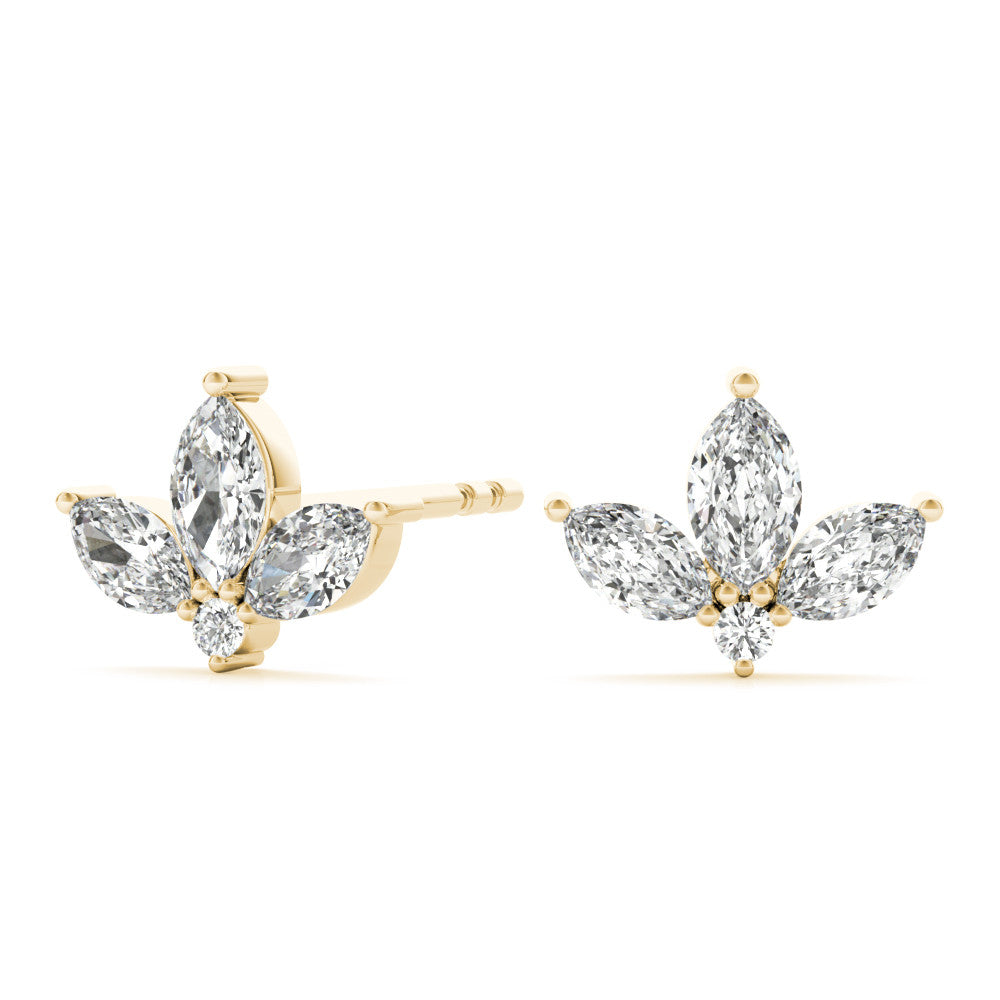 Yellow gold Marquise Cluster Stud Earrings with Round Prong Setting