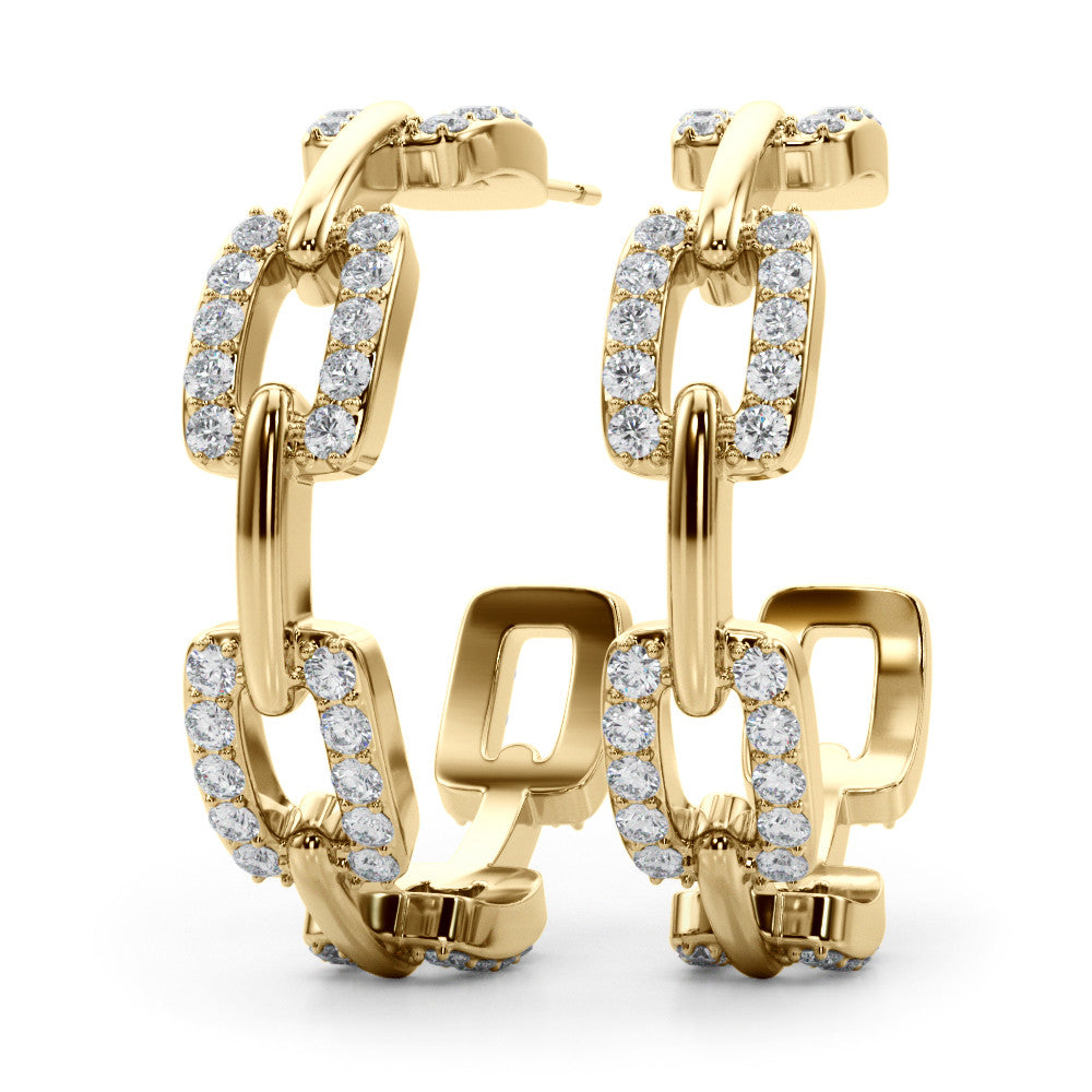 Yellow gold Pavé Round Diamond Link Hoop Earrings with Prong Setting