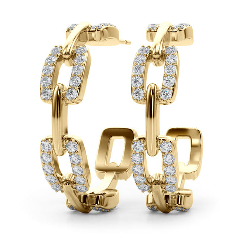 Yellow gold Pavé Round Diamond Link Hoop Earrings with Prong Setting
