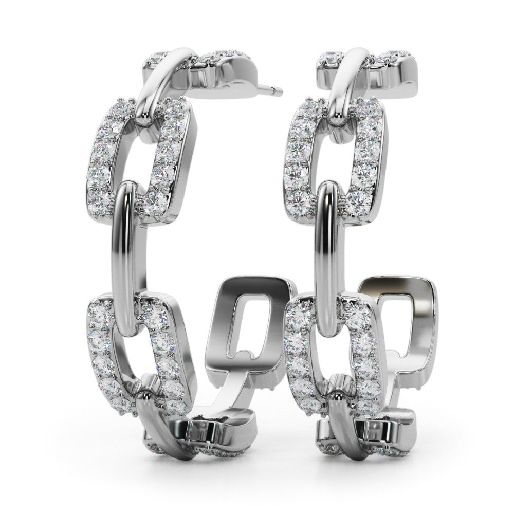 White gold Pavé Round Diamond Link Hoop Earrings with Prong Setting