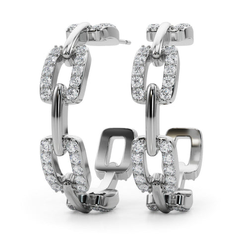 White gold Pavé Round Diamond Link Hoop Earrings with Prong Setting