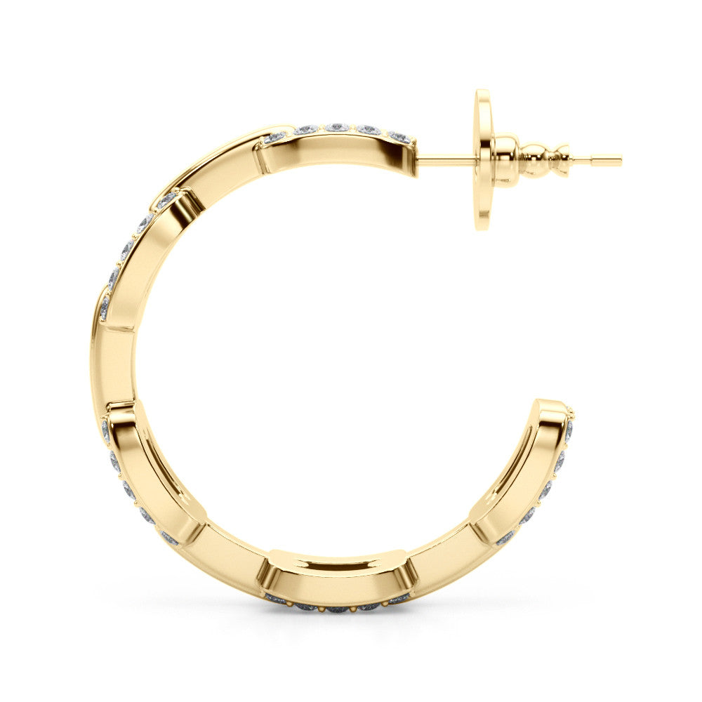 Yellow gold Pavé Round Diamond Link Hoop Earrings with Prong Setting