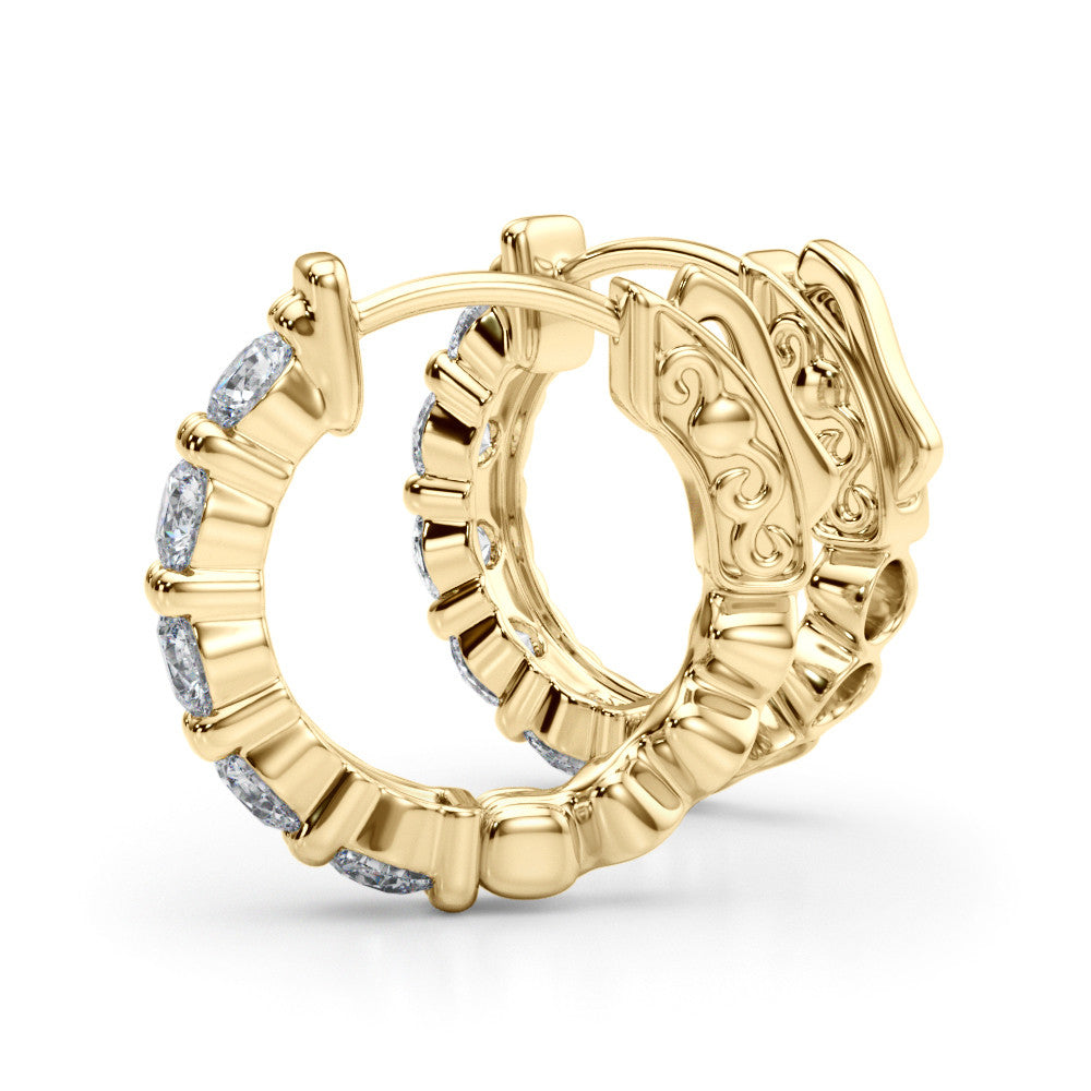 Yellow gold Round Diamond Eternity Hoop Earrings with Scalloped Band and Four-Prong Setting