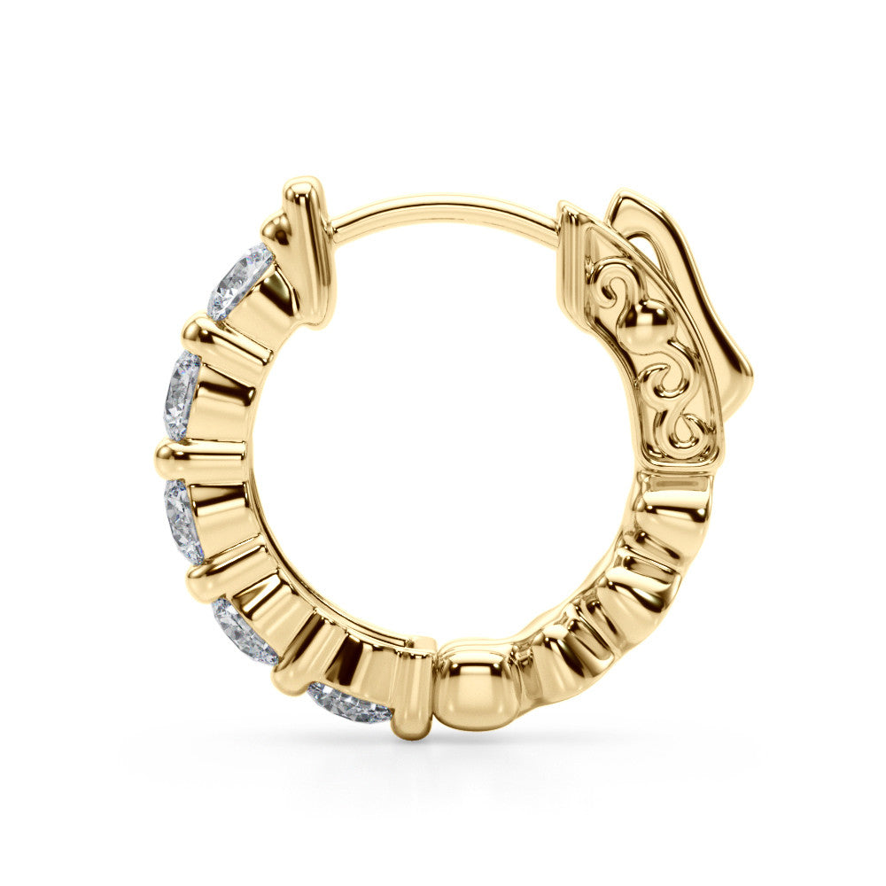 Yellow gold Round Diamond Eternity Hoop Earrings with Scalloped Band and Four-Prong Setting