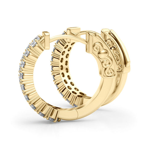 Yellow gold Pave Round Diamond Hoop Earrings with Channel Band and Shared Prong Setting
