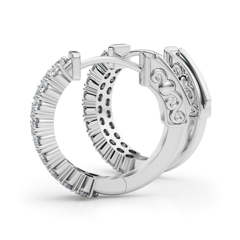 White gold Pave Round Diamond Hoop Earrings with Channel Band and Shared Prong Setting