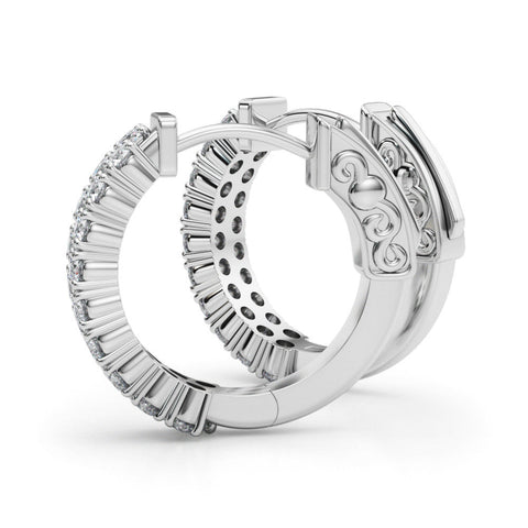 White gold Pave Round Diamond Hoop Earrings with Channel Band and Shared Prong Setting