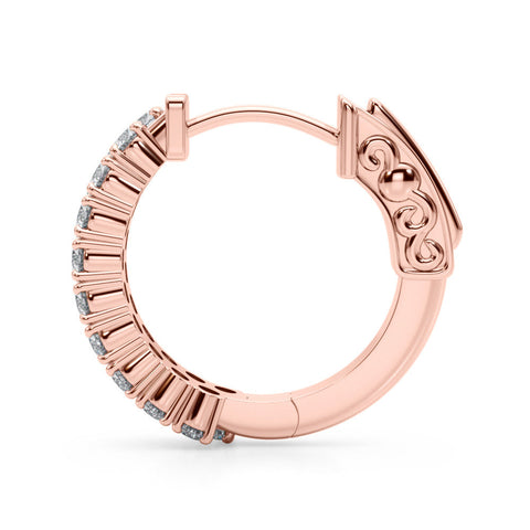 Rose gold Pave Round Diamond Hoop Earrings with Channel Band and Shared Prong Setting