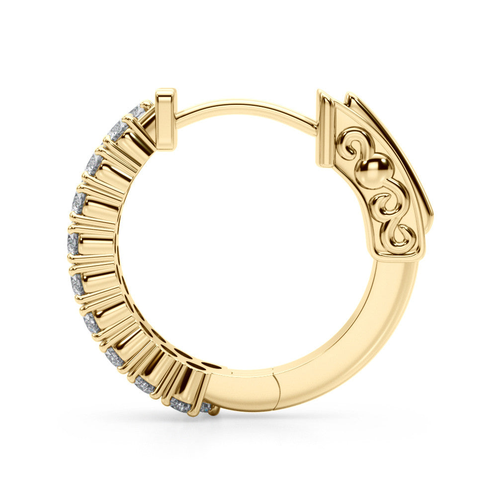 Yellow gold Pave Round Diamond Hoop Earrings with Channel Band and Shared Prong Setting