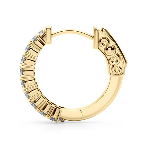 Yellow gold Pave Round Diamond Hoop Earrings with Channel Band and Shared Prong Setting