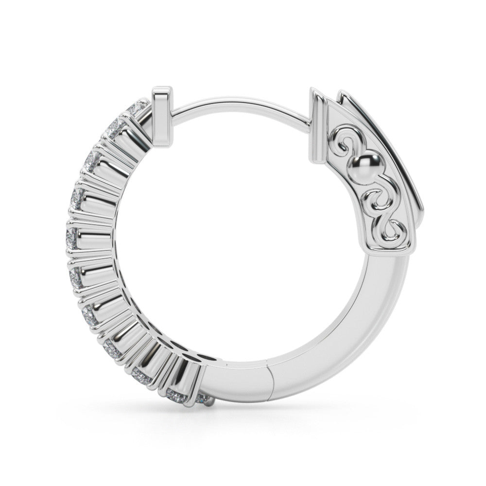 White gold Pave Round Diamond Hoop Earrings with Channel Band and Shared Prong Setting
