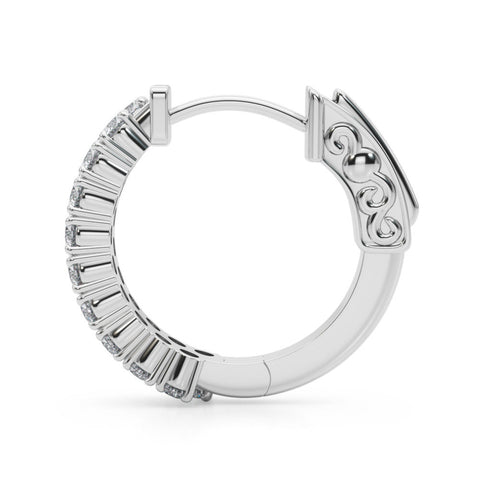 White gold Pave Round Diamond Hoop Earrings with Channel Band and Shared Prong Setting